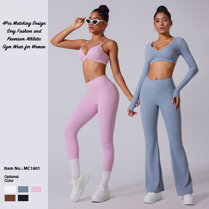 Top Seller 4 PCS Workout Clothes Ropa Deportiva for Women, Custom V Neck Yoga Bra +Long Sleeve Gym Crop Top + Athletic Leggings + Flare Yoga Pants Activewear