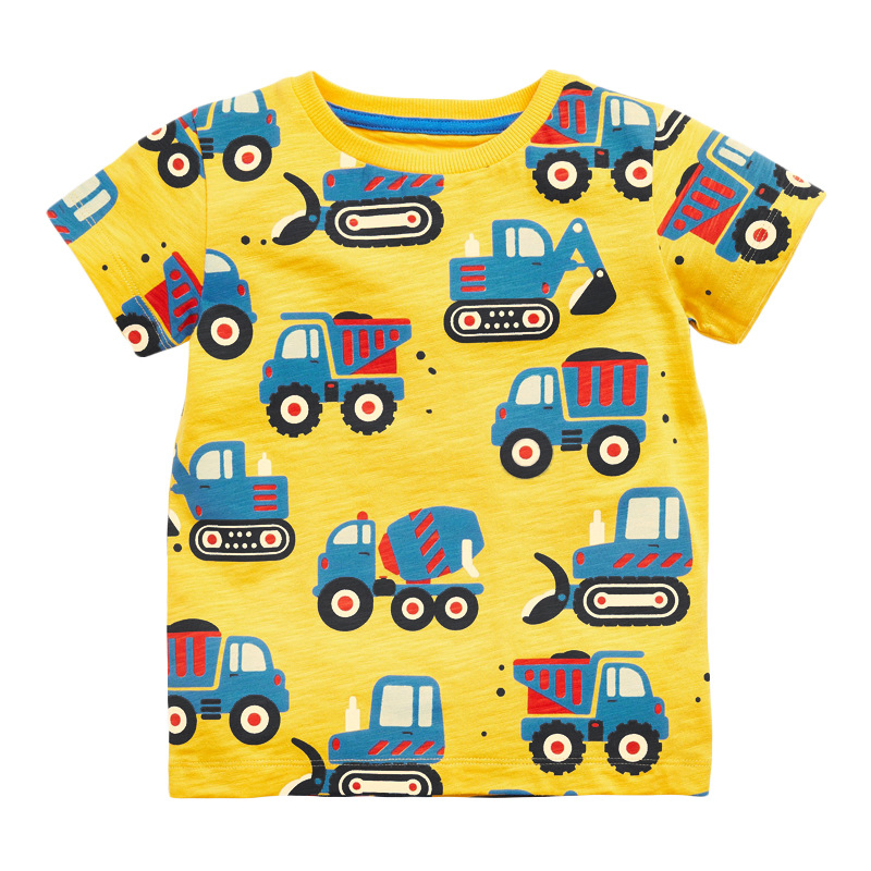 2022 Summer Children's Cartoon Car Short-Sleeved T-Shirt Digging Truck Printing Top Baby Clothes Children's Clothing Trend