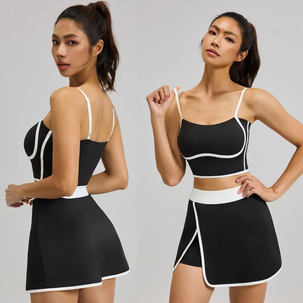 Top Picked Colorblock Sports Outfits Sexy Athletic Apparel for Women, 2 Pieces Sling Cami Top with Built-in Bra + Tennis Skirt with Liner Shorts Paddle Clothes