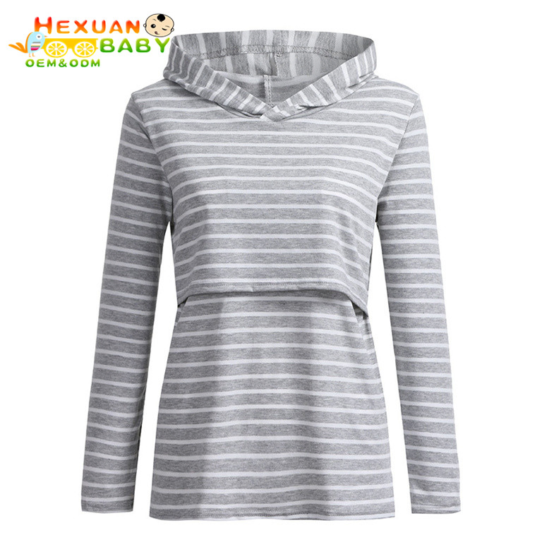 Women Mom Pregnant Nursing Baby Maternity Long Sleeved Stripe Tops Blouse Clothes Feeding Tops Breastfeeding Top Hoodie