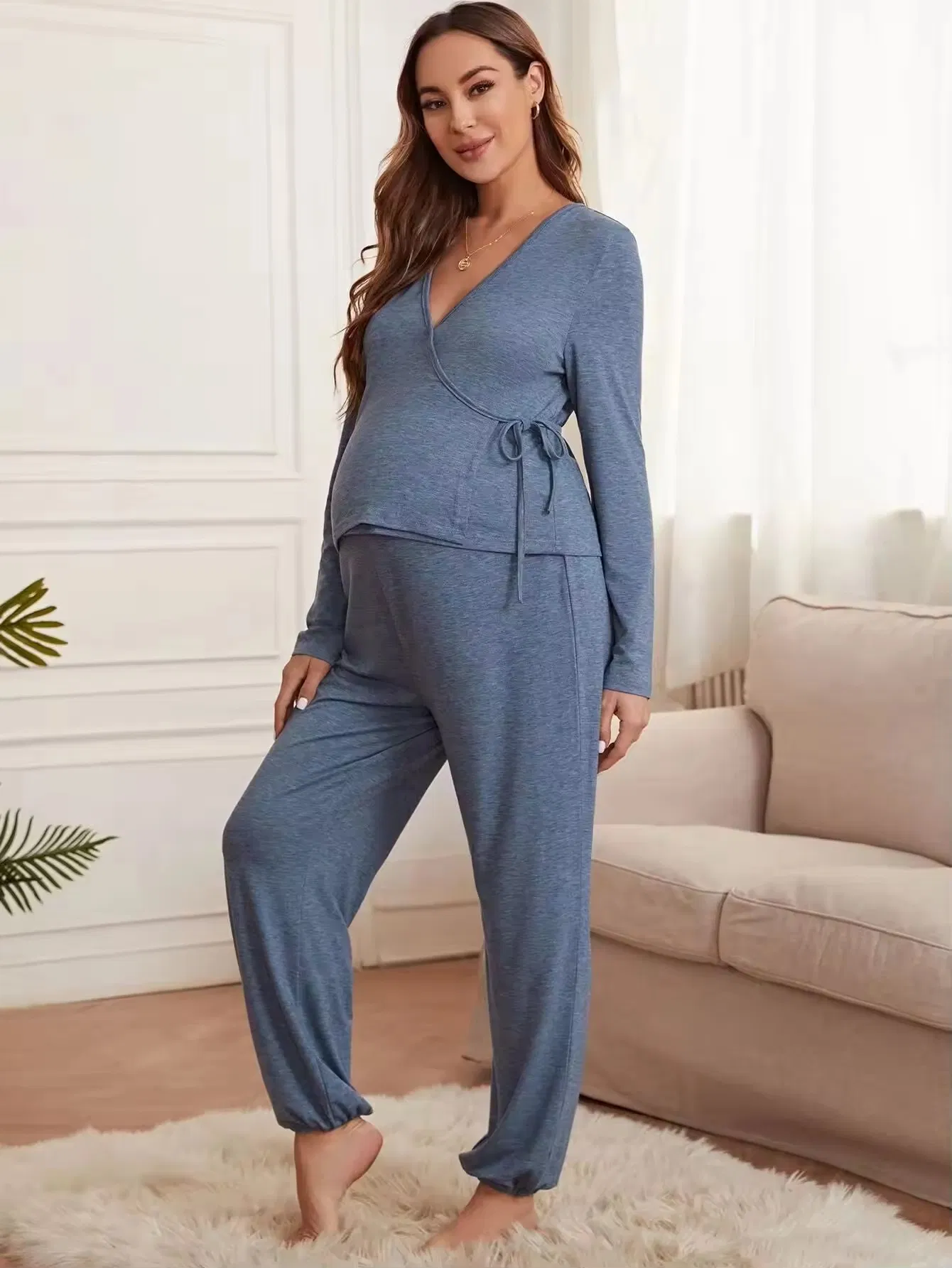 Viscose From Bamboo Pregnant Clothes Knot Side Top &amp; Adjustable Waist Sweatpants Lounge Wear Maternity Robes Pajamas