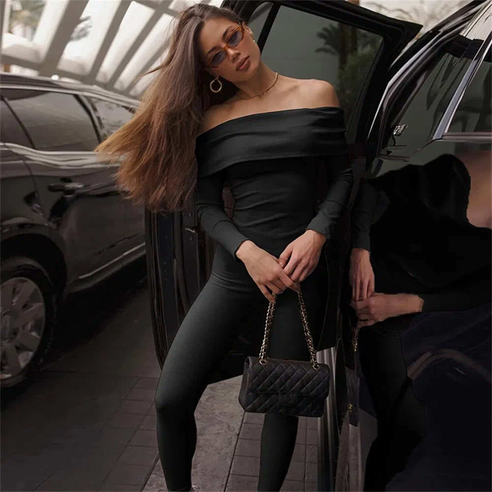 2024 Summer New Solid Knit Rib off The Shoulder Long Sleeve Top Long Pants 2 Piece Set 2024 Casual Clothing Streetwear Outfit