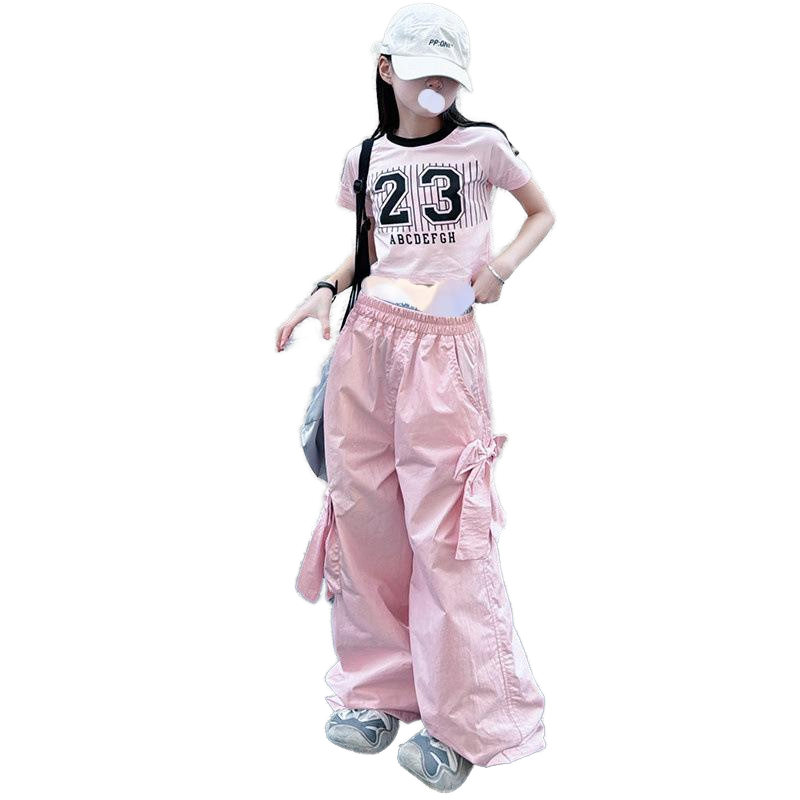 Summer Solid Pink Blue Pants Letter-Printed Short Sleeved Clothing for Girls