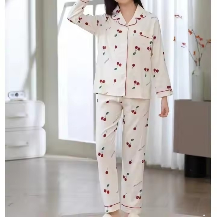 Cartoons Print Two Pieces Pajamas Set Autumn Paopao Cotton Sleepwear Korean Fashion Home Clothes Ladies Pants and Top Loungewear