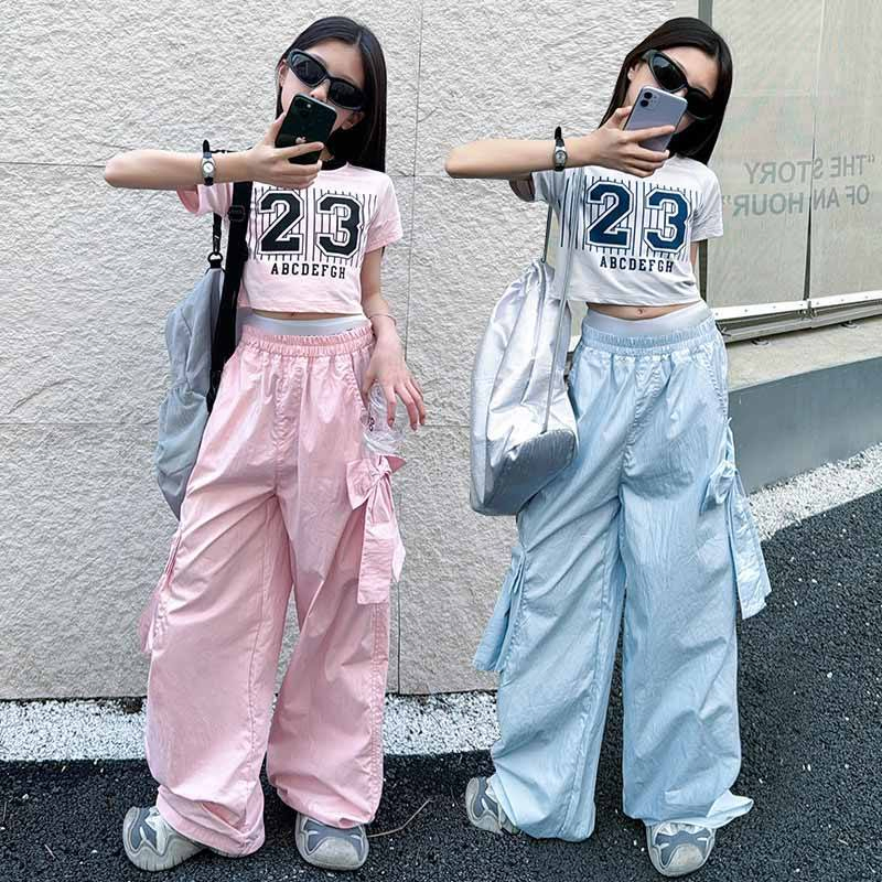 Summer Solid Pink Blue Pants Letter-Printed Short Sleeved Clothing for Girls