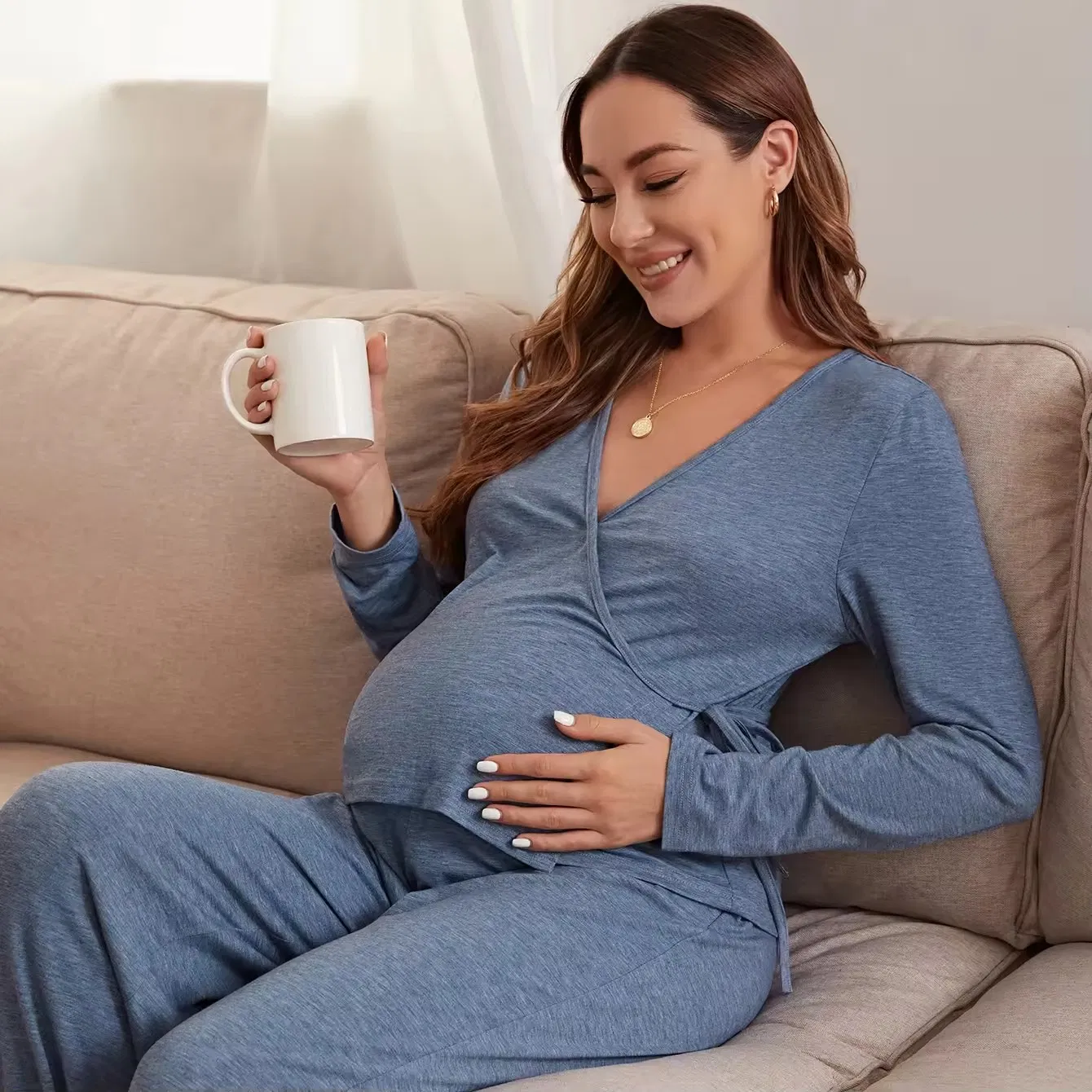 Viscose From Bamboo Pregnant Clothes Knot Side Top &amp; Adjustable Waist Sweatpants Lounge Wear Maternity Robes Pajamas