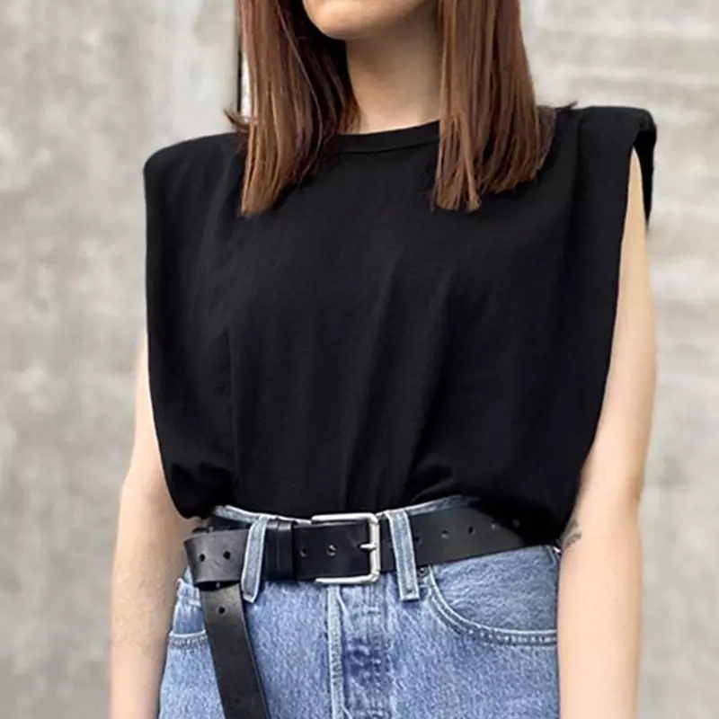 Summer Casual Loose Round Neck Vest Tops Women Elegant Sleeveless Pad Shoulder Blouse Shirt Women Clothes