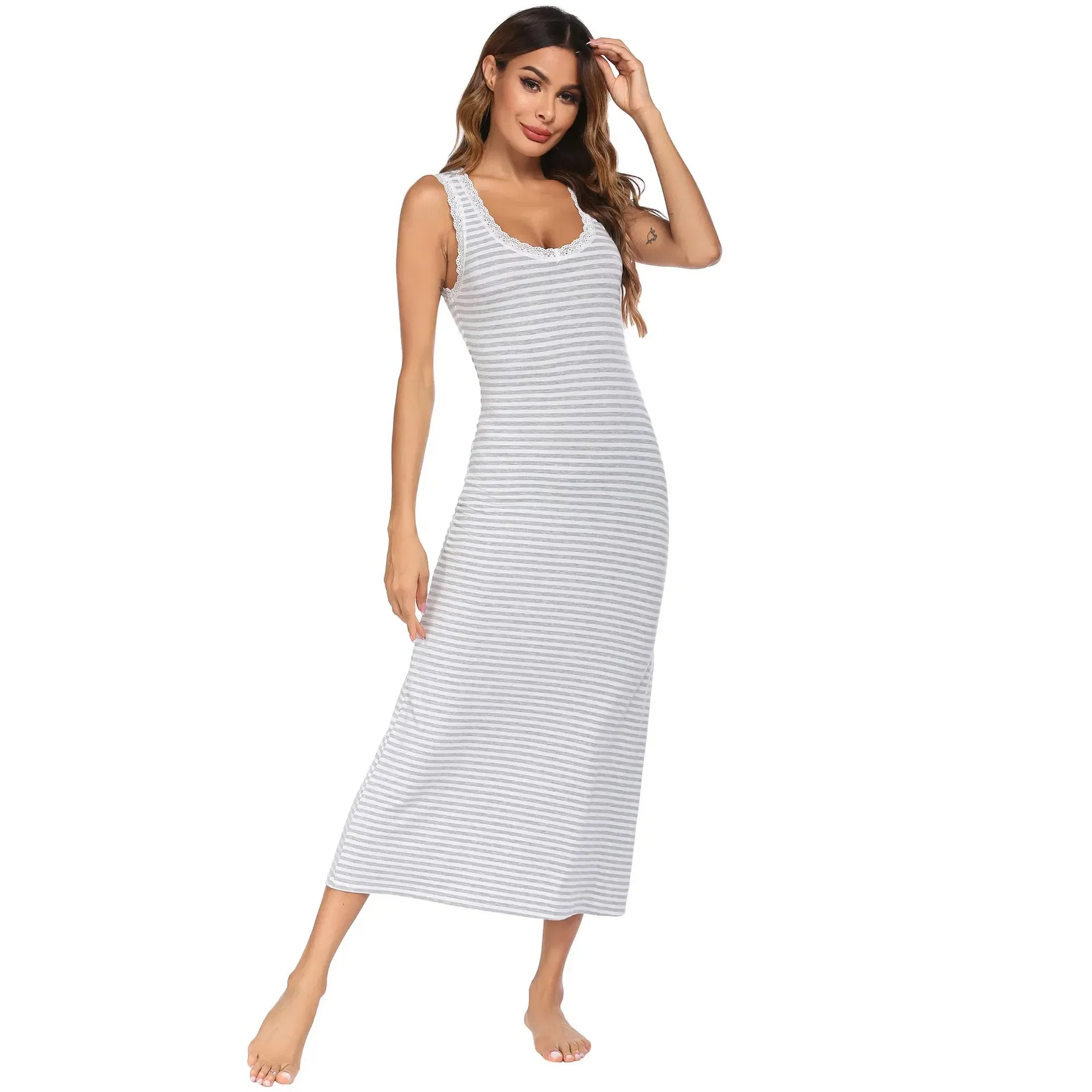 Long Striped Loungewear Cotton Nightgowns Sleeping Home Feminine Clothes Lady Nightdress