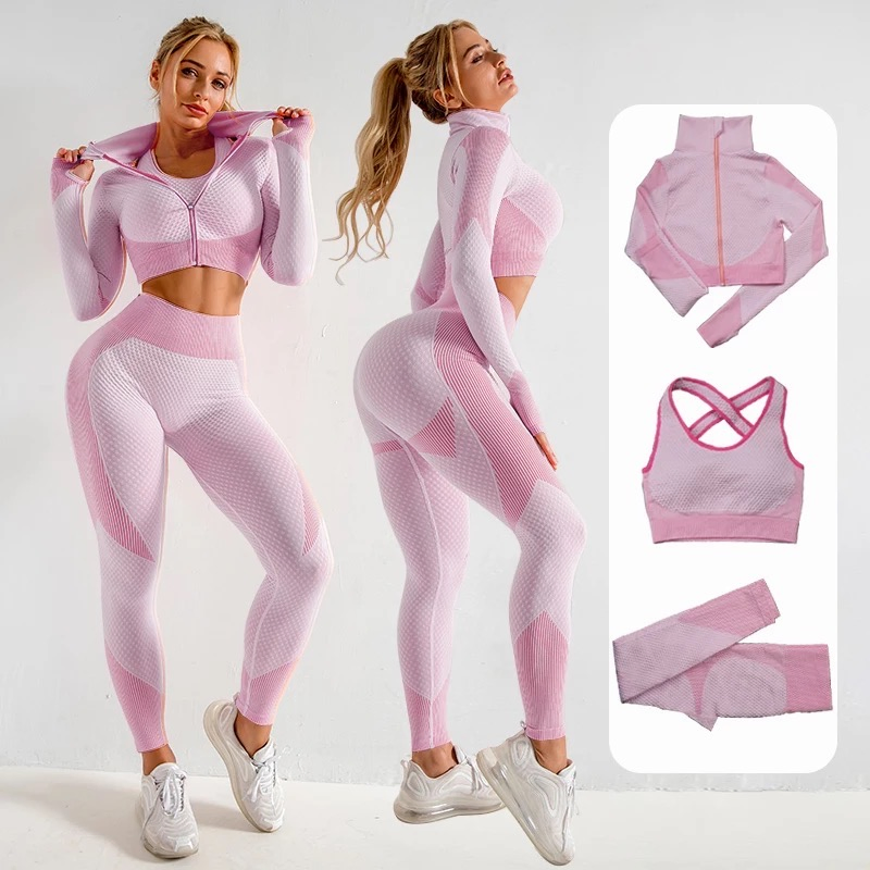 No MOQ Custom 2XL-4XL Plus Size Seamless Streetwear Fitness Clothes for Women, Long Sleeve Jacket Top + Yoga Bra + Butt Lift Leggings Sportswear Manufacturer
