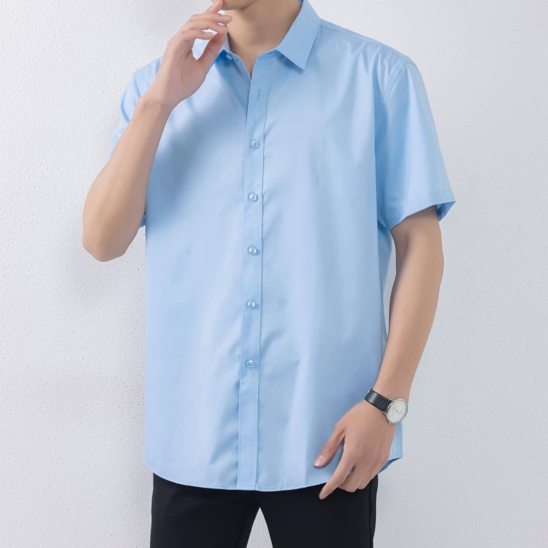 Wholesale Custom Men's Short Sleeve Shirt Casual Formal Dp Ready Wear Non-Iron Woven Polyester Bamboo Spandex Breathable