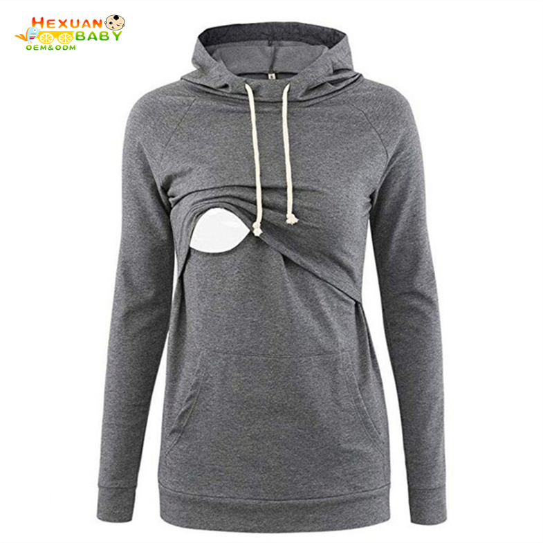 Women Maternity Nursing Tops Clothes Solid Color Long Sleeve Layering Breastfeeding Hoodie Sweatshirts with Pocket