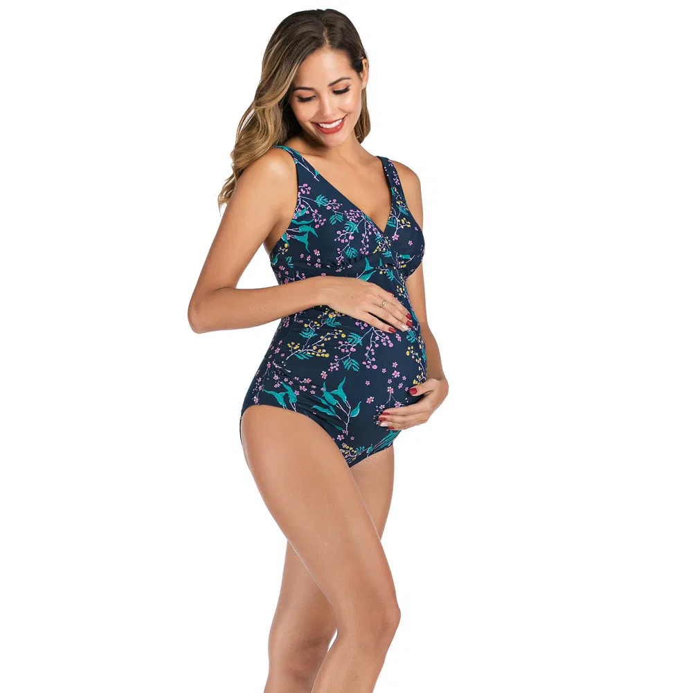Nylon Spandex Stretch Fabric Maternity Clothing OEM Sexy Women One Piece Floral Plus Size Swimsuits Bikini