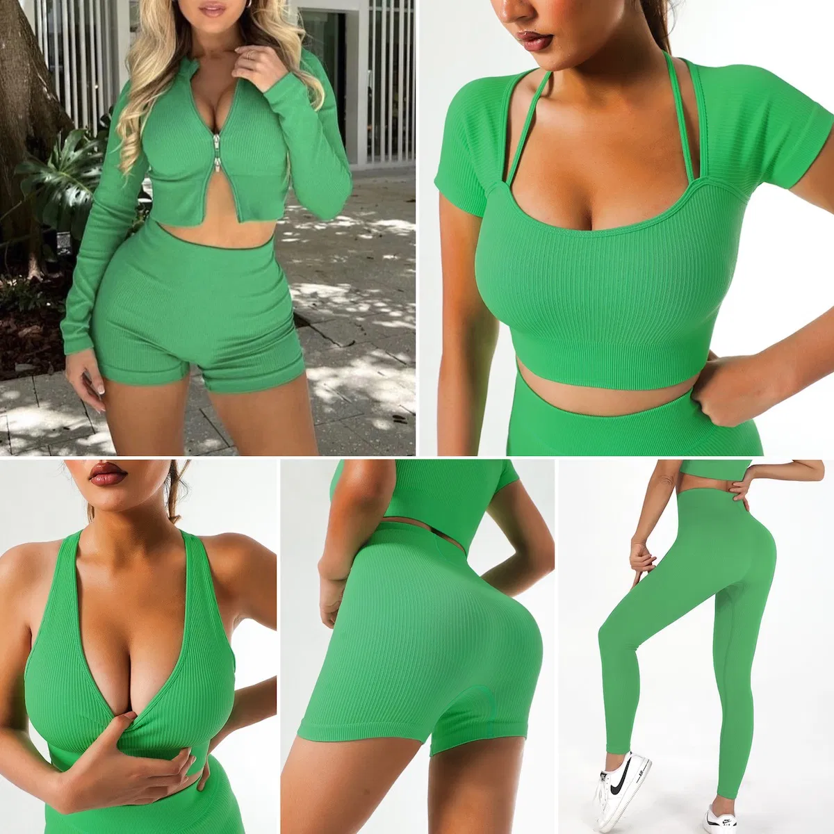 5PCS Ribbed High Quality Working out Set Body Shaping Training Apparel for Women, Custom Seamless Sportswear Fitness Top + Yoga Shorts + Leggings Gym Wear