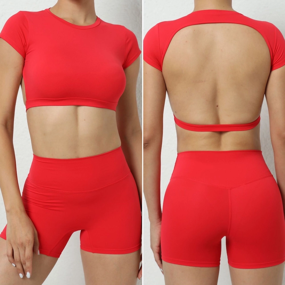 2 Piece New Design Lulu Style Sports Yoga Jogger Clothes for Women, Custom Matching Activewear Set Open Back Crop T-Shirts and Gym Fitness Athletic Apparel