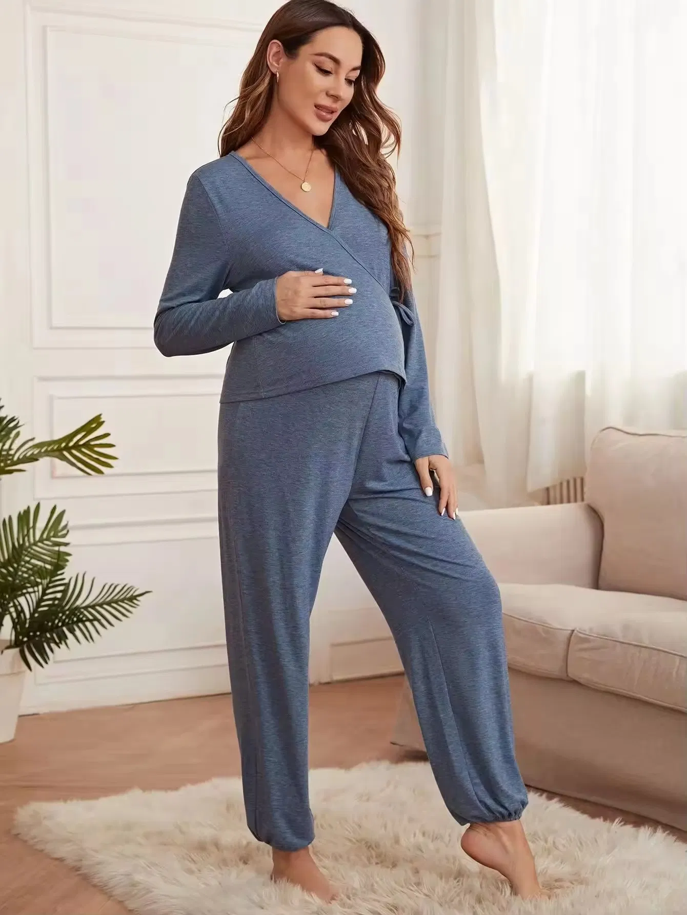 Viscose From Bamboo Pregnant Clothes Knot Side Top &amp; Adjustable Waist Sweatpants Lounge Wear Maternity Robes Pajamas