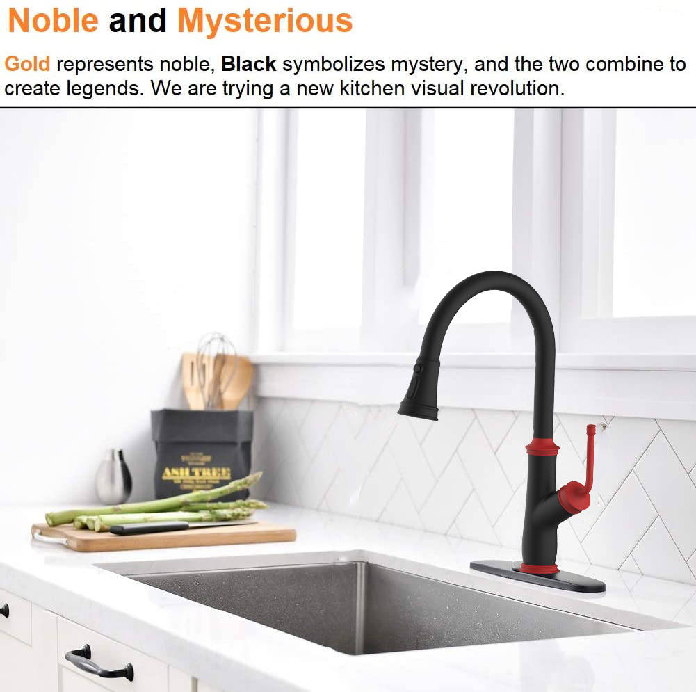 Matte Black and Red Pull Down Kitchen Faucet with Magnetic Docking Sprayer