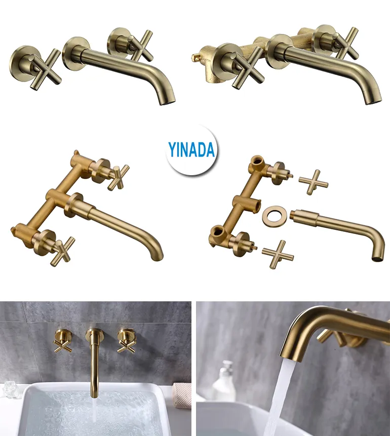 Double Handle Brushed Golden Brass Bathroom Basin Faucet