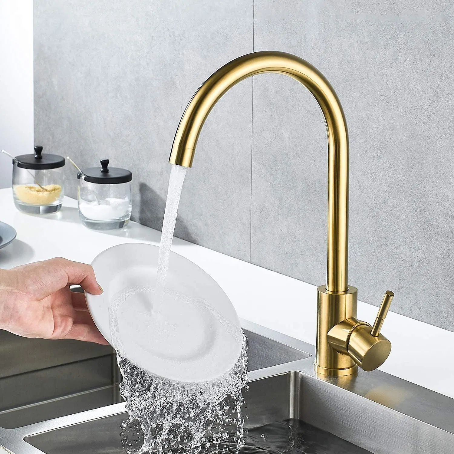 Single Handle High Arc Brushed Gold Kitchen Faucet Stainless Steel Commercial Single Hole Kitchen Sink Faucet, Modern One Hole Bar Sink Faucet