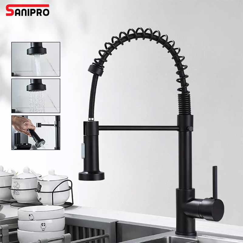Sanipro Flexible Cold Hot Mixer Sink Tap SUS304 Stainless Steel Black 360 Rotation Spring Kitchen Faucet with Pull Down Sprayer