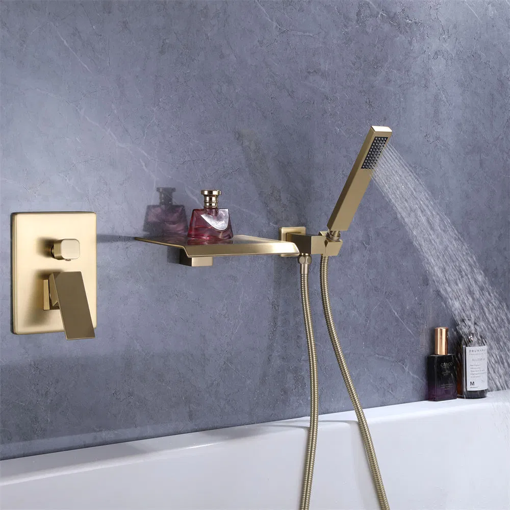Wholesale Price Waterfall Bathroom Wall Exposed Brass Brushed Gold Finished Bath Faucet with Hand Shower