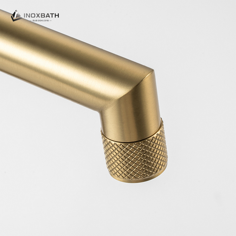 Brushed Gold Bathroom Sink Faucet with Jade Stone Handle and Cross Knurled Spout for Modern Luxury Design