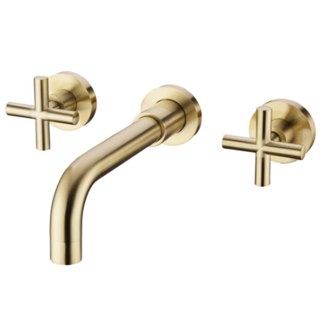 Double Handle Brushed Golden Brass Bathroom Basin Faucet Lavatory Faucet