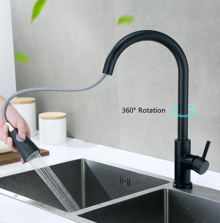 Deck Mounted Matt Black Brass Pull Down Kitchen Sink Water Faucet (NA011)