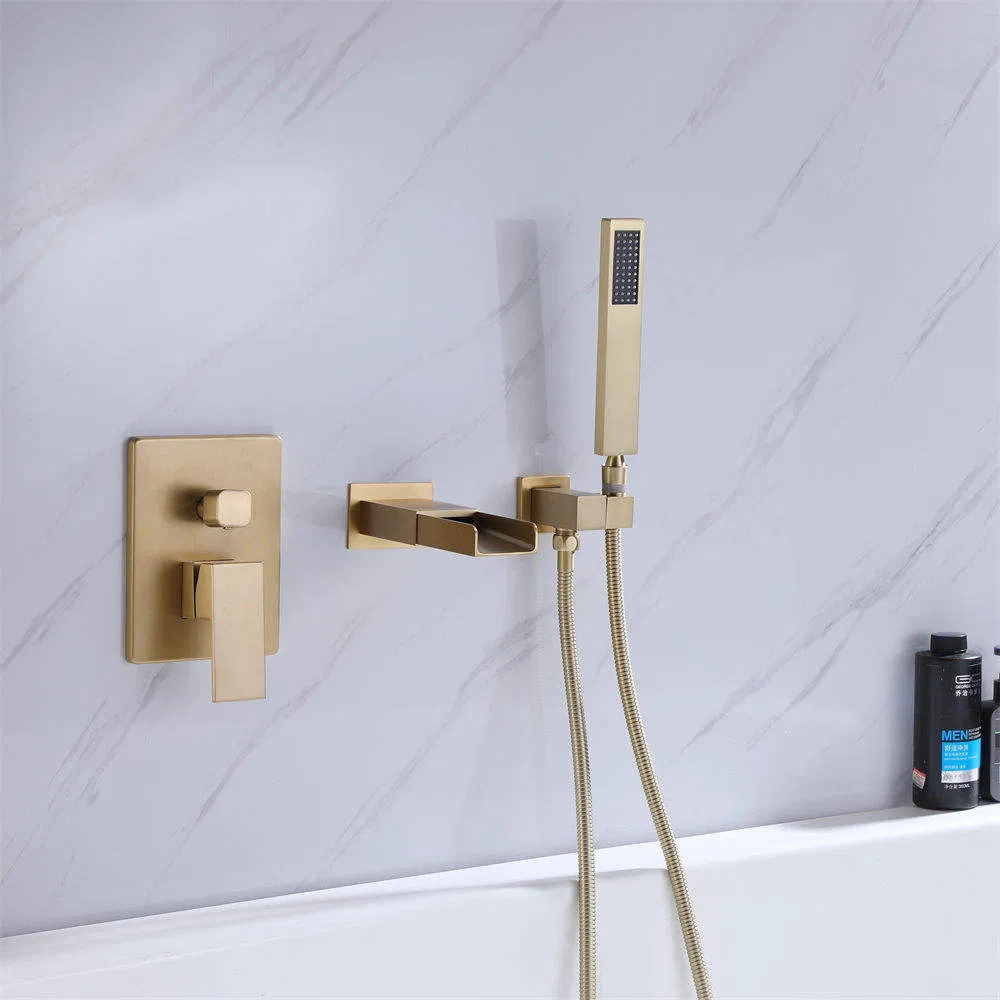 3 Hole Waterfall New Design Wall Exposed Brass Brushed Gold Finished Bath Faucet with Hand Shower