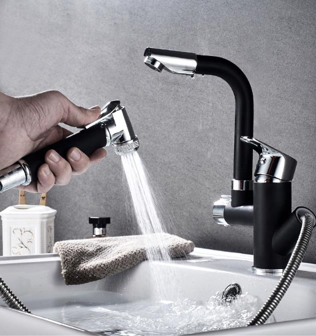 Brass Pull out Basin Faucet Cold Hot Rotary Black Matte Paint Wash Basin Retractable Bathroom Faucet