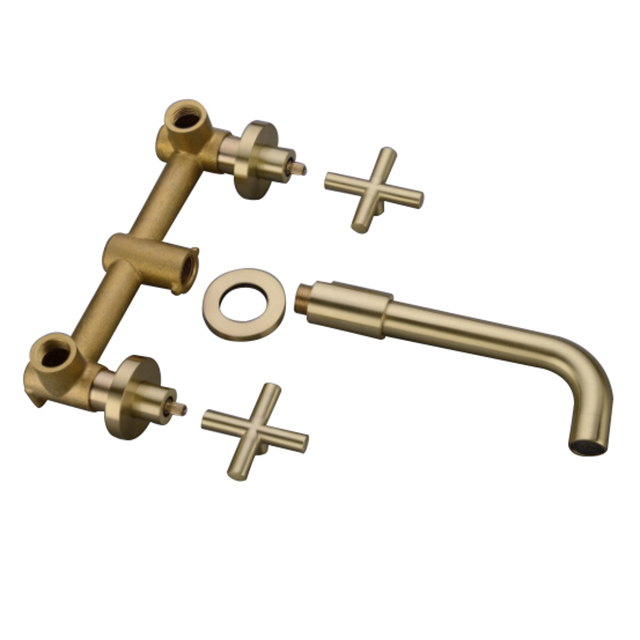 Double Handle Brushed Golden Brass Bathroom Basin Faucet Lavatory Faucet