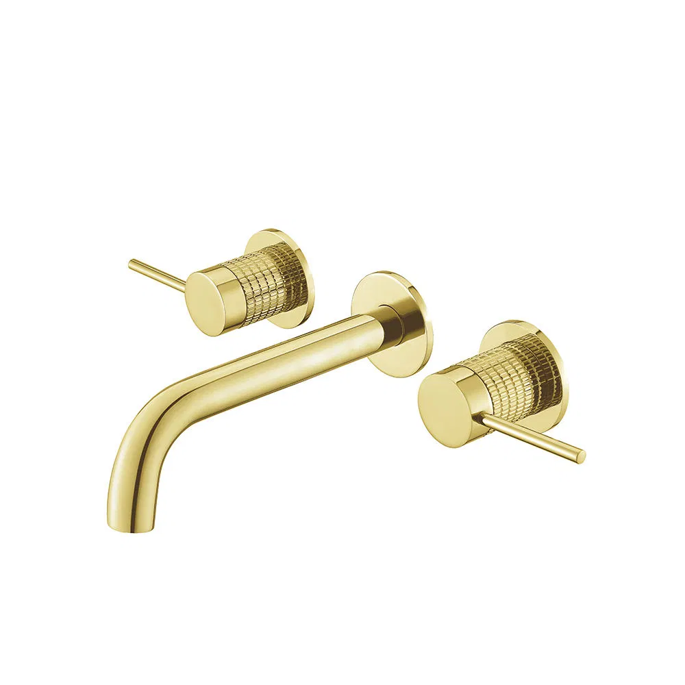 New Arrival Bathroom Brass Basin Mixer Brushed Gold Faucet Wall Mounted Wash Basin Mixer Double Handles Hot Clod Water Taps