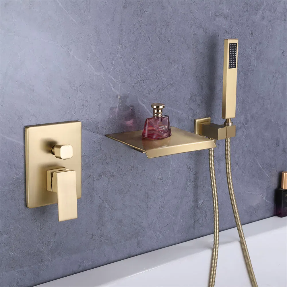 Wholesale Price Waterfall Bathroom Wall Exposed Brass Brushed Gold Finished Bath Faucet with Hand Shower
