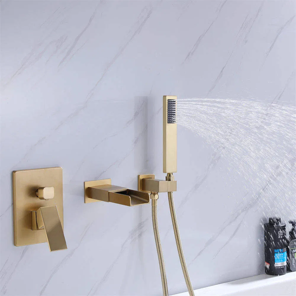 3 Hole Waterfall New Design Wall Exposed Brass Brushed Gold Finished Bath Faucet with Hand Shower