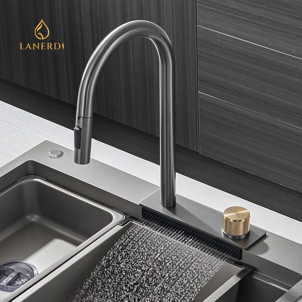 China Faucet Supplier 3 Funciton Pull Down Spray Kitchen Faucet with Flying Rain Waterfall Hot and Cold Water Kitchen Mixer Faucet for Handmade Kitchen Sink