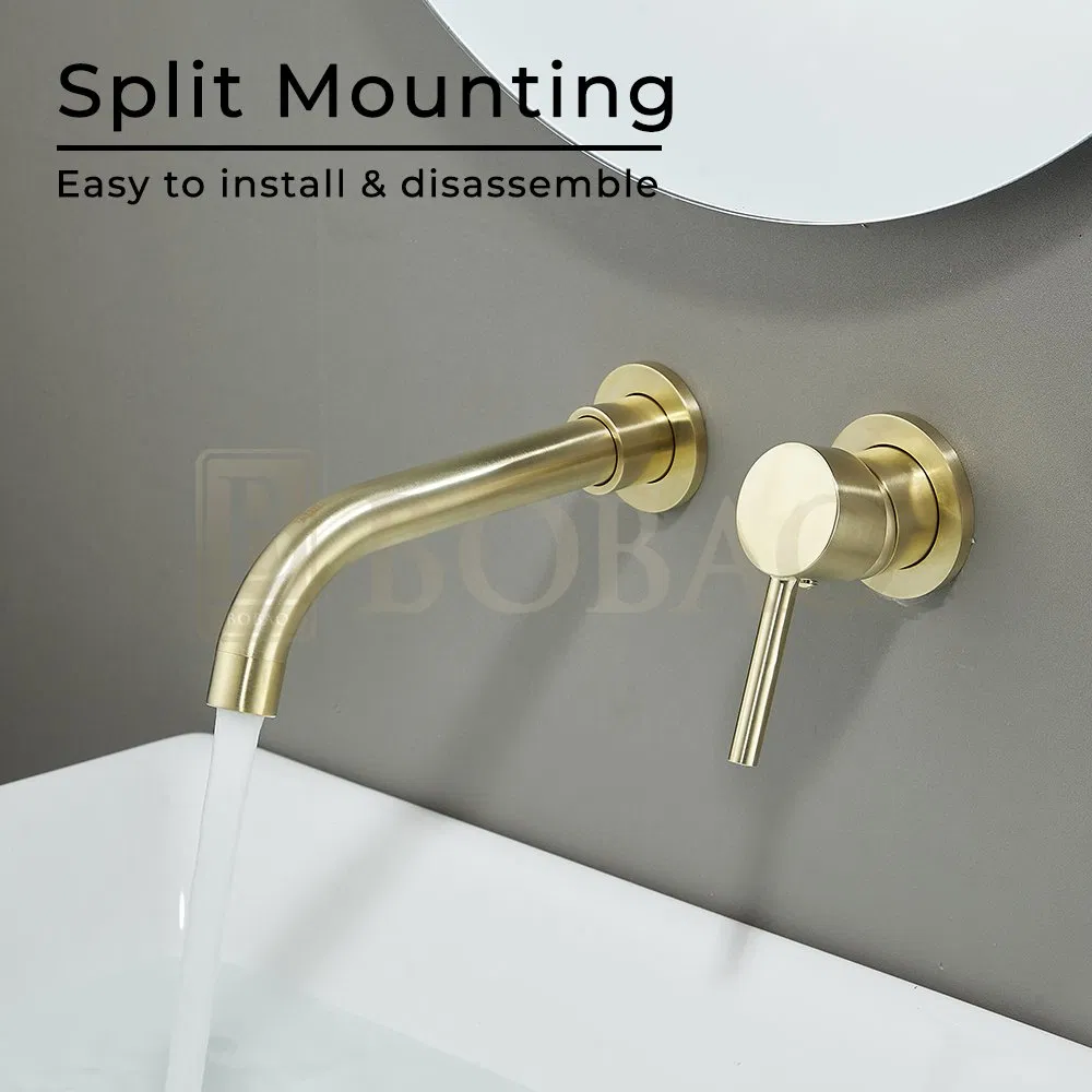 Brushed Gold Hot and Cold Water Tap Wall Mounted Basin Faucet Tap Brass Body Bathroom Faucet