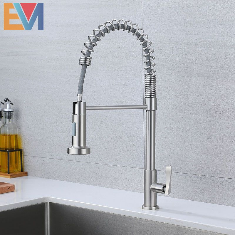 360 Degree Chrome Plating Single Lever Pull Down Deck Mounted Mixer Spring Kitchen Sink Faucet