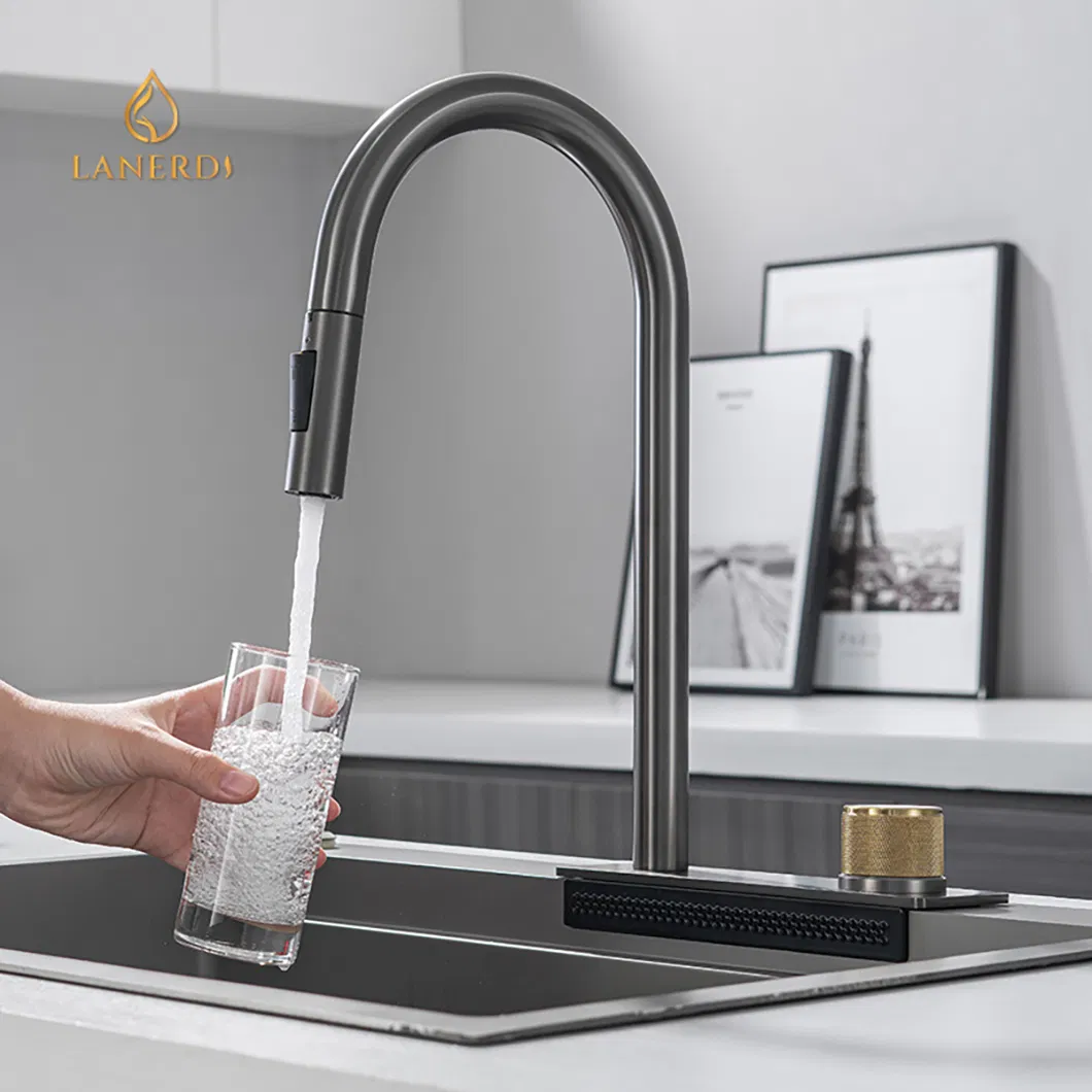 China Faucet Supplier 3 Funciton Pull Down Spray Kitchen Faucet with Flying Rain Waterfall Hot and Cold Water Kitchen Mixer Faucet for Handmade Kitchen Sink