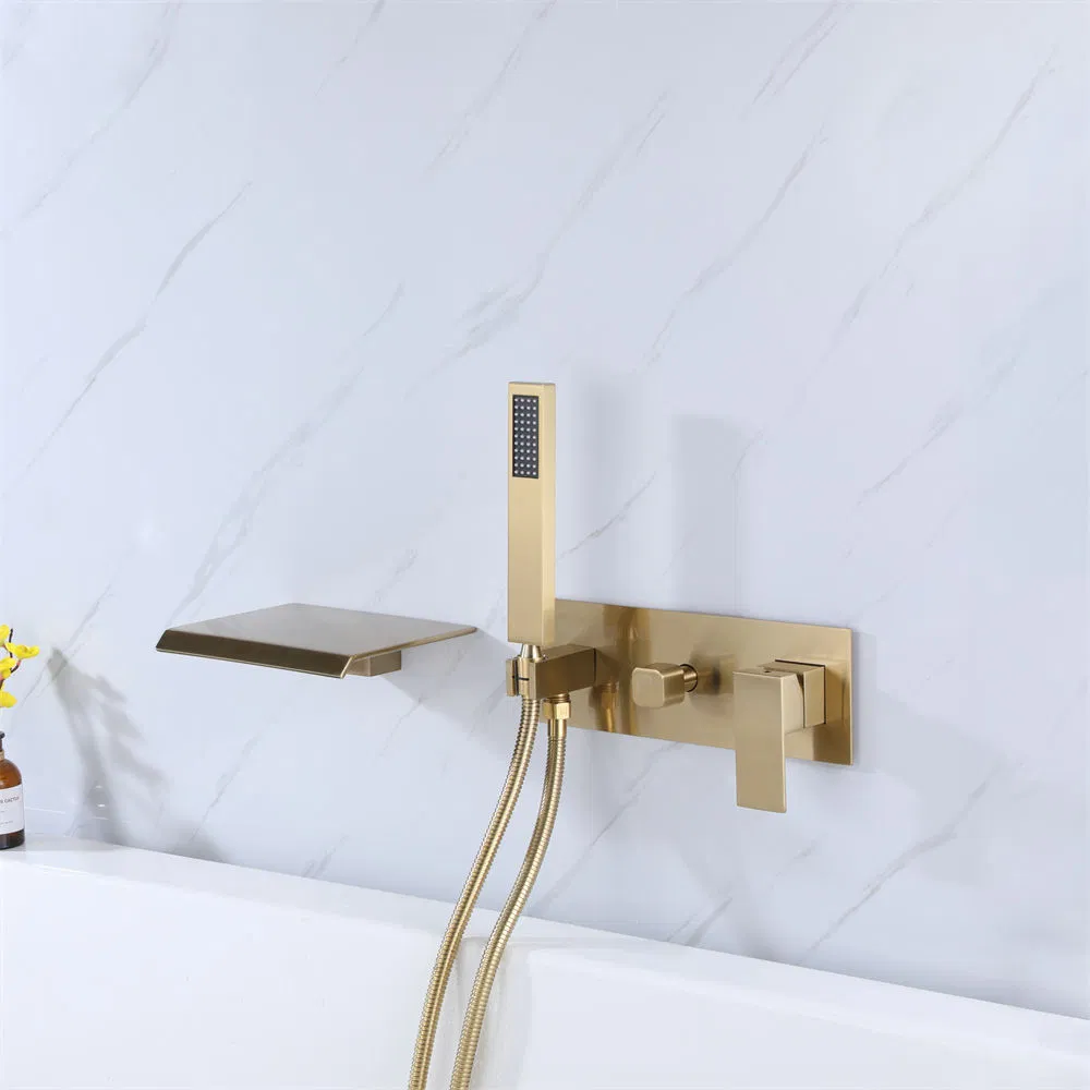 Modern Style Waterfall Wall Mounted Bathroom Brass Brushed Gold Finished Bath Mixer Faucet