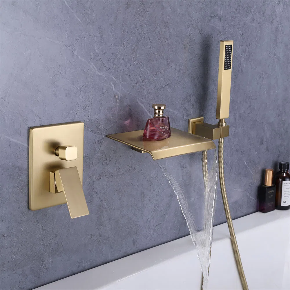 Wholesale Price Waterfall Bathroom Wall Exposed Brass Brushed Gold Finished Bath Faucet with Hand Shower