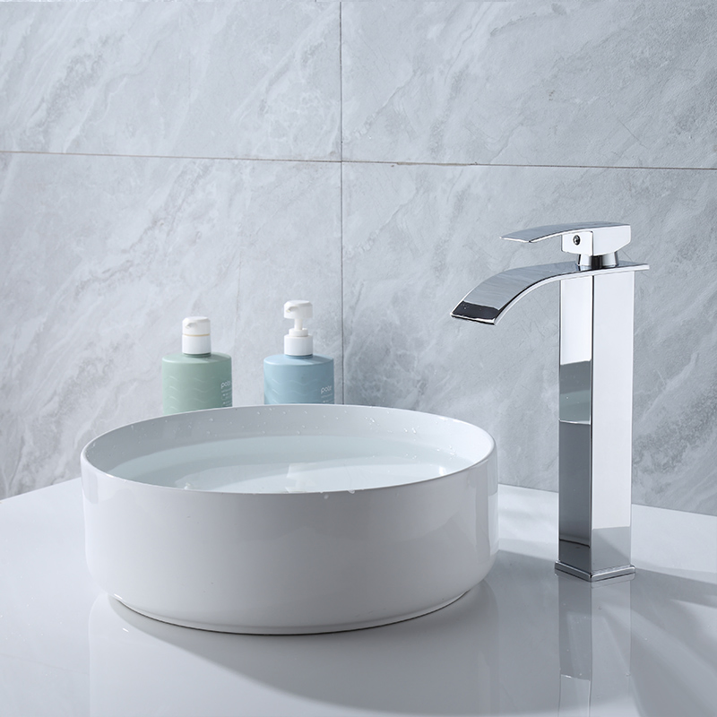 Household Bathroom Polish Chrome Basin Hot and Cold Faucet Waterfall Washbasin Square Tall Antique Countertop Sink Vessel Bowl Mixer Tap