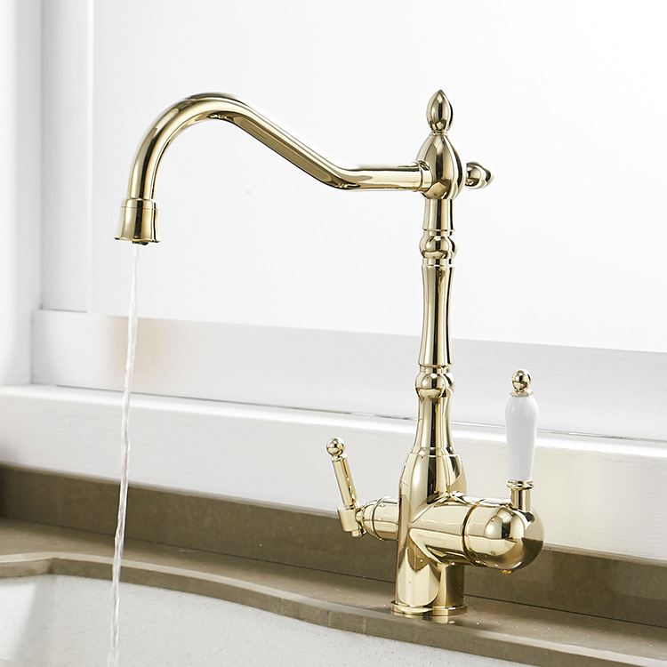 Gold Paint Kitchen Sink Basin Faucet Antique Faucet 3 Way Spout Kitchen Mixer Purifier Water Tap