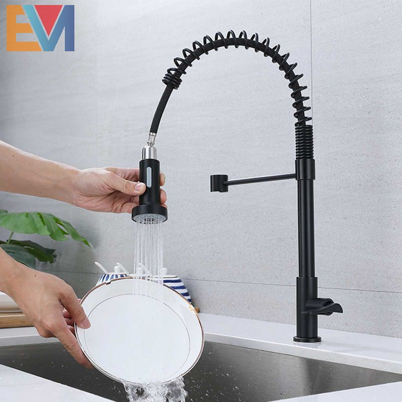 360 Degree Chrome Plating Single Lever Pull Down Deck Mounted Mixer Spring Kitchen Sink Faucet