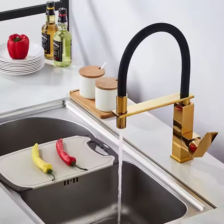 Modern Style Brass Pull-Down Kitchen Mixer Faucet Gold Square Single Handle