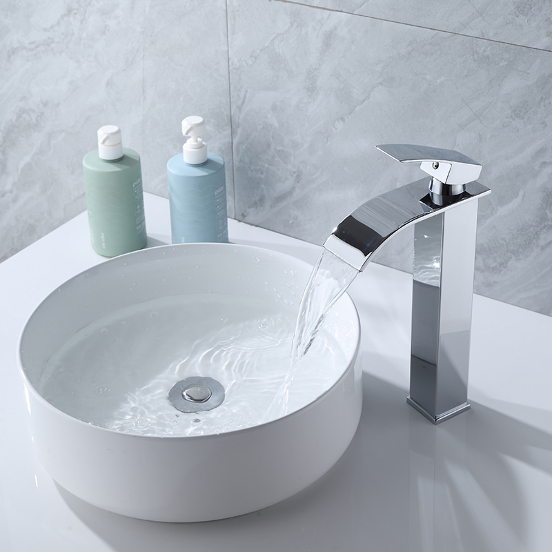 Household Bathroom Polish Chrome Basin Hot and Cold Faucet Waterfall Washbasin Square Tall Antique Countertop Sink Vessel Bowl Mixer Tap