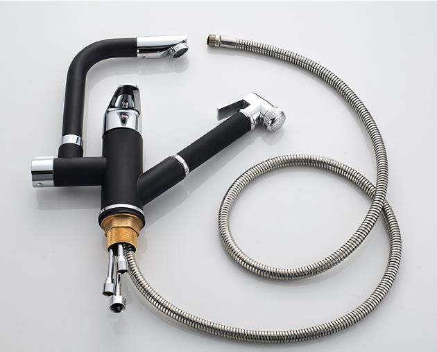 Brass Pull out Basin Faucet Cold Hot Rotary Black Matte Paint Wash Basin Retractable Bathroom Faucet