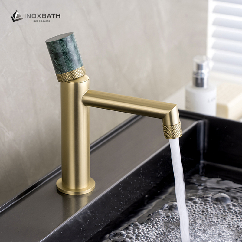 Brushed Gold Bathroom Sink Faucet with Jade Stone Handle and Cross Knurled Spout for Modern Luxury Design