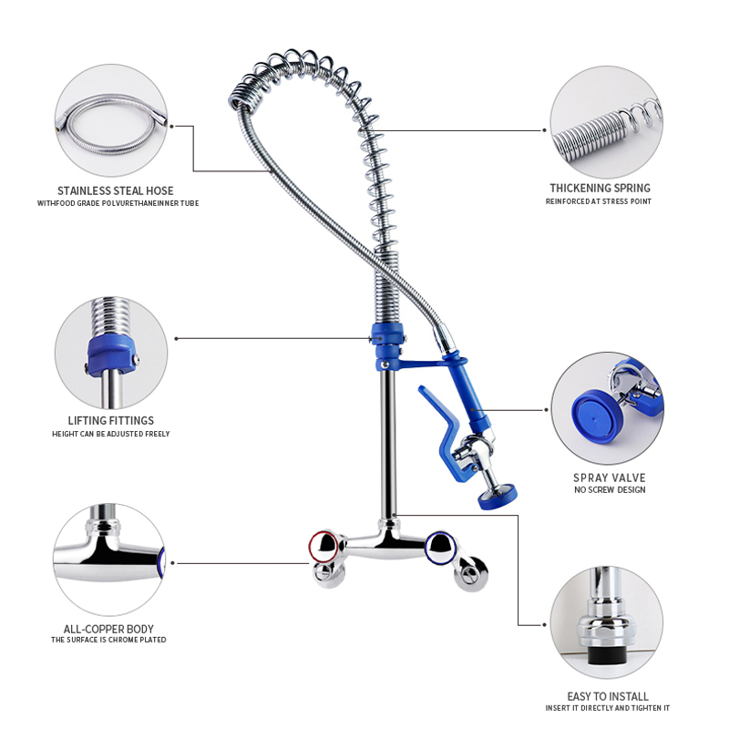Wall Mounted Pre-Rinse Faucet with Spray Gun for Commercial Kitchens