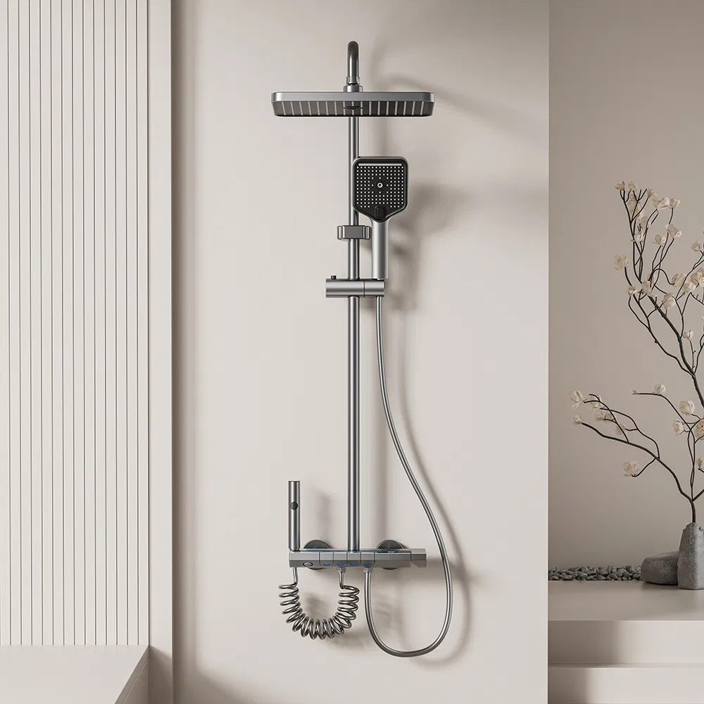 Shower Set Gray Bathroom Digital Display Faucet Shower System Set Bathtub Hot and Cold 4 Functions Tap Shower Set