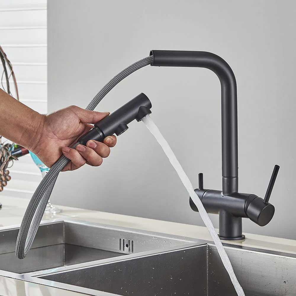 Matte Black Filter Faucet Kitchen Pull-out Spray 360° Swivel Drinking Water Filter Tap Three-Way Sink Mixer Kitchen Faucet