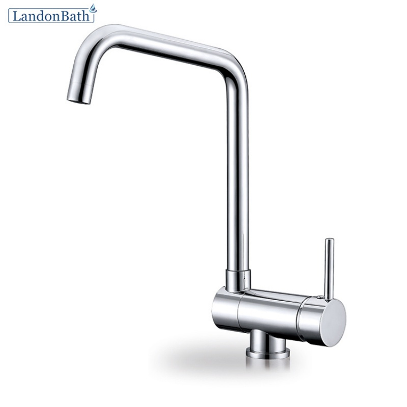 Landonbath Modern Chrome Finished Stainless Steel Brushed Deck Mounted Kitchen Faucet Mixer Tap for Sink